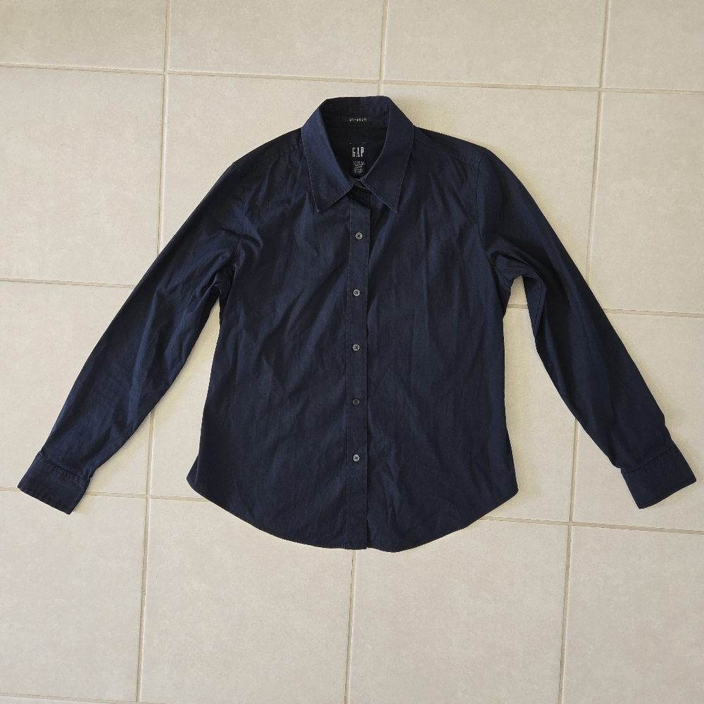 GAP Women's Sz M Stretch Collared Button Up Navy Blue Dress Shirt Long Sleeves